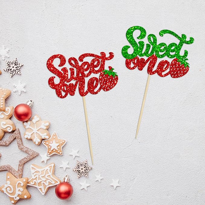 24Pcs Sweet One Cupcake Toppers Glitter Strawberry Cupcake Picks for Baby Shower Boys and Girls 1st Birthday Party Fruit Strawberry Theme Party Cake Decorations Supplies