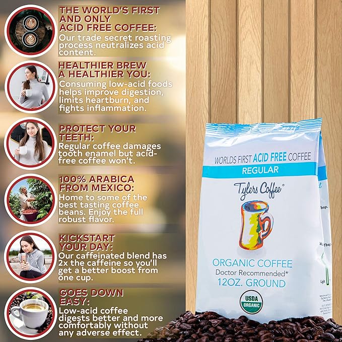 Tyler?™s Acid Free Organic Ground Coffee - 100% Arabica Full Flavor - Whole Bean and Caffeinated - No Bitter Aftertaste - For Acid Free Diets - Natural and Organic Blend for Common GI Issues - 12 oz