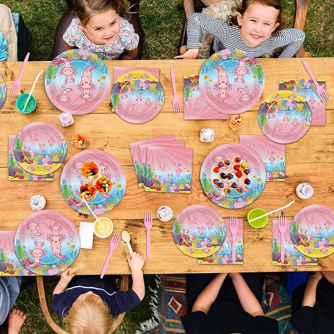96pcs Pink Axolotl Plates and Napkins Party Supplies Reptile Animals Tableware Set Girl Axolotl Party Decorations Favors for Pink Axolotl Birthday Baby Shower Serves 24 Guests