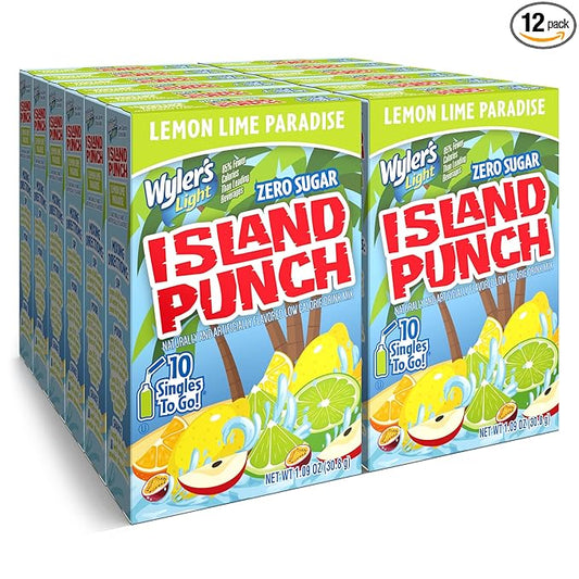 Wyler?셲 Light Island Punch Singles To Go, Lemon Lime Paradise, 10-Count per Box (12 Pack) ??Low Calorie Powdered Drink Mixes, Caffeine Free, Gluten Free, and Zero Sugar, 120 Total Powder Packets