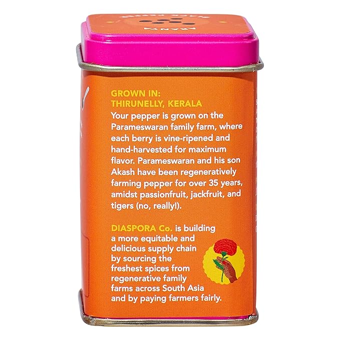 Diaspora Spice Co. Aranya Black Pepper | Single-Origin Whole Black Peppercorns for Grinder Refill | Fresh & Hand-Harvested | 53g Everyday Tin