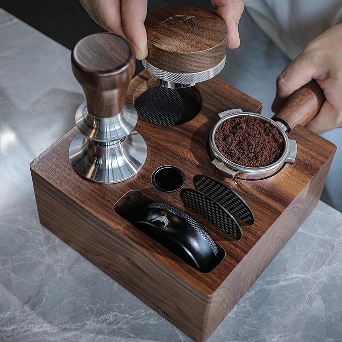 58.5mm Espresso Barista Kit ??Walnut Espresso Press Tool Tamper, Espresso Distributor, Tamping Box, Dosing Funnel, Puck Screens, and WDT Tool