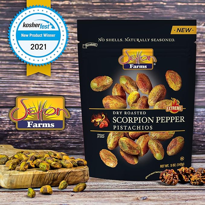 Setton Farms Pistachios, Scorpion Pepper Extreme Flavor, Naturally Seasoned, Dry Roasted No Shell, Non-GMO Project Verified, Gluten Free, Vegan, Kosher, 5 Oz (Pack of 2)