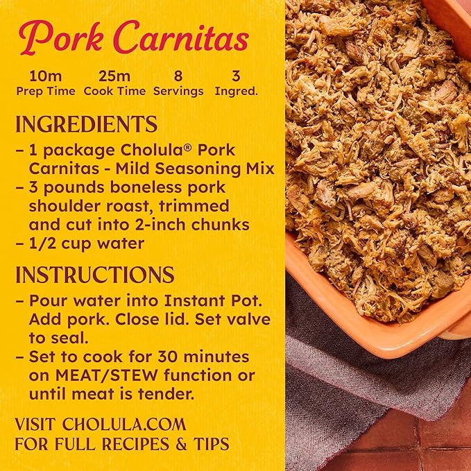 Cholula Seasoning Mix, Pork Carnitas, Mild Heat, For Tamales, Pulled Pork Tacos, Burrito Bowls, Dips and More, 1.3 oz (Pack of 12)