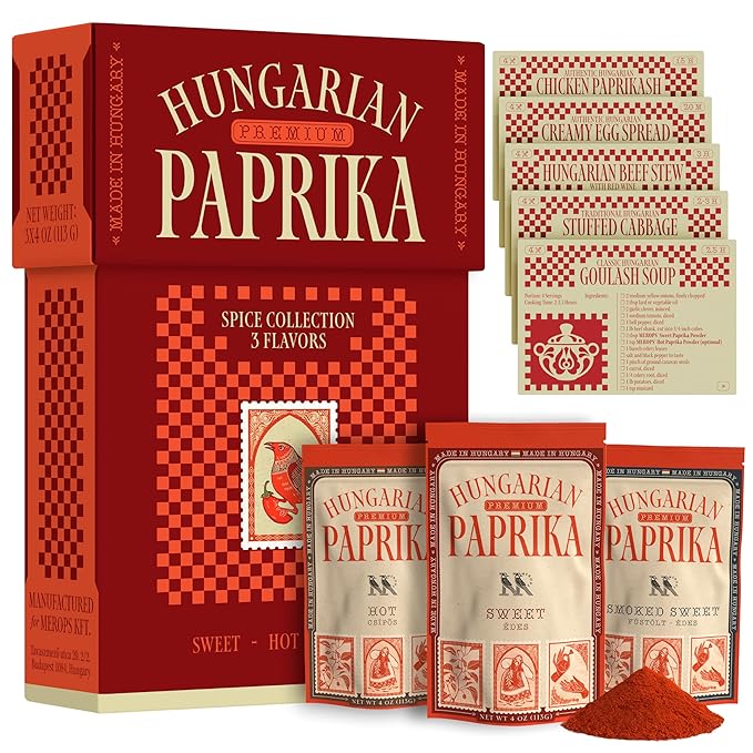 Premium Hungarian Paprika Spice Collection GIFT SET ??Sweet, Smoked & Hot (3 x 4 oz) - Five Traditional Hungarian Recipe Cards ??Non-GMO ??Authentic Seasoning Spice in Resealable Bags by MEROPS