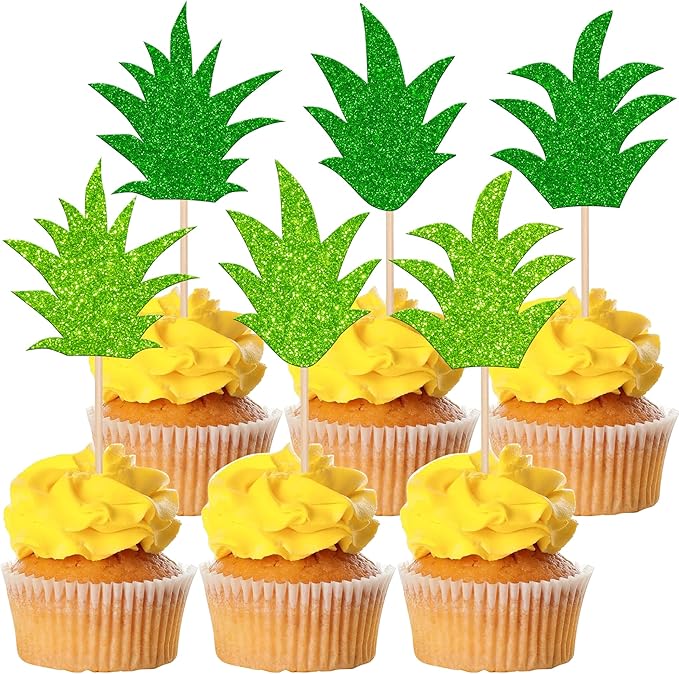 24 Pack Pineapple Cupcake Toppers Glitter Donut Pineapple Leaf Cupcake Picks Tropical Hawaiian Luau Pineapple Theme Baby Shower Kids Birthday Party Cake Decorations Green