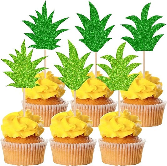 24 Pack Pineapple Cupcake Toppers Glitter Donut Pineapple Leaf Cupcake Picks Tropical Hawaiian Luau Pineapple Theme Baby Shower Kids Birthday Party Cake Decorations Green