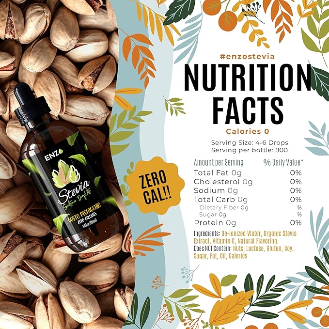 Enzo Liquid Stevia Drops Our Zero Calories Sweetener (4oz - 800 Servings/Bottle) - Pistachio - All Natural flavoring with No Artificial Additives & Filler Ingredient