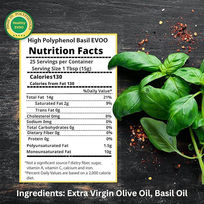 M.G. PAPPAS High Polyphenol Rich Basil Infused Olive Oil - Extra Virgin Olive Oil - Over 500mg/kg - Cold Pressed & Unfiltered - High Hydroxytyrosol Greek Olive Oil - Award Winning