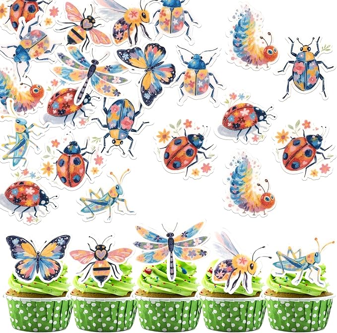 60 Pack Edible Green Caterpillar Cupcake Topper Wafer Paper Nature Insect Hungry Caterpillar Dragonfly Cupcake Picks Happy Birthday Anniversary Wedding Cake Decorations Party Color 1