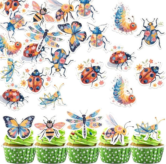 60 Pack Edible Green Caterpillar Cupcake Topper Wafer Paper Nature Insect Hungry Caterpillar Dragonfly Cupcake Picks Happy Birthday Anniversary Wedding Cake Decorations Party Color 1