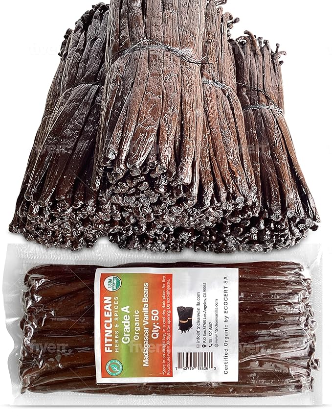50 Organic Grade A Madagascar Vanilla Beans. Certified USDA Organic for Extract and all things Vanilla by FITNCLEAN VANILLA. ~5" Bulk Fresh Bourbon NON-GMO Pods.