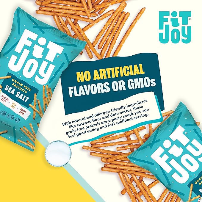 FitJoy Sea Salt Pretzels (Pack of 6, 5 Oz) - Dairy, Nut & Gluten Free Snacks - Grain Free Cassava Root & Chickpea Flour Vegan Pretzel Sticks - Classic Snack Pretzels for Moms, Children and More