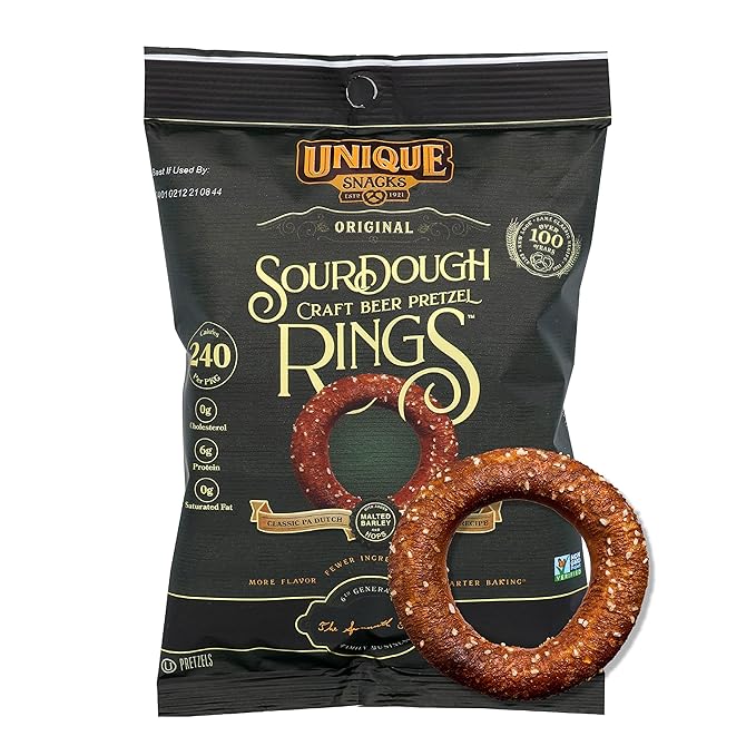 Unique Snacks Sourdough Craft Beer Pretzel Rings, Delicious Homestyle Baked Snack Bag, Vegan, OU Kosher, and Non-GMO Food, No Artificial Flavor, 2.12 Oz. Bag, Pack of 24
