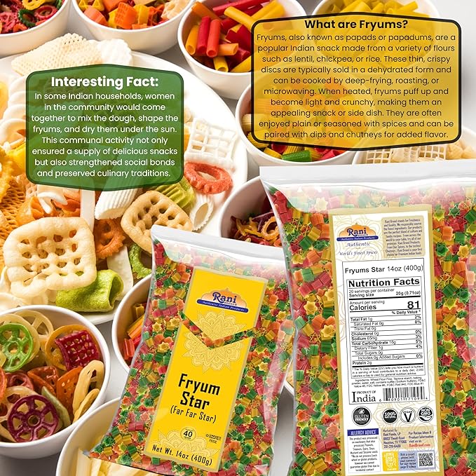 Rani Far Far/Fryums (Wheat & Tapioca Pellet) Star Shape 14oz (400g) ~ Vegan, Kosher, Uncooked, Used to Make Papad, Bhungra/Chip Snack