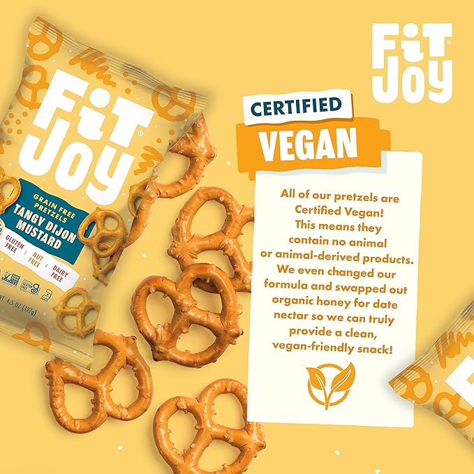 FitJoy Tangy Dijon Mustard Pretzels (Pack of 6, 4.5 Oz) - Dairy, Nut & Gluten Free Snacks - Grain Free Cassava Root & Chickpea Flour Vegan Pretzel Twists - Tangy Snack Pretzels for Children & More
