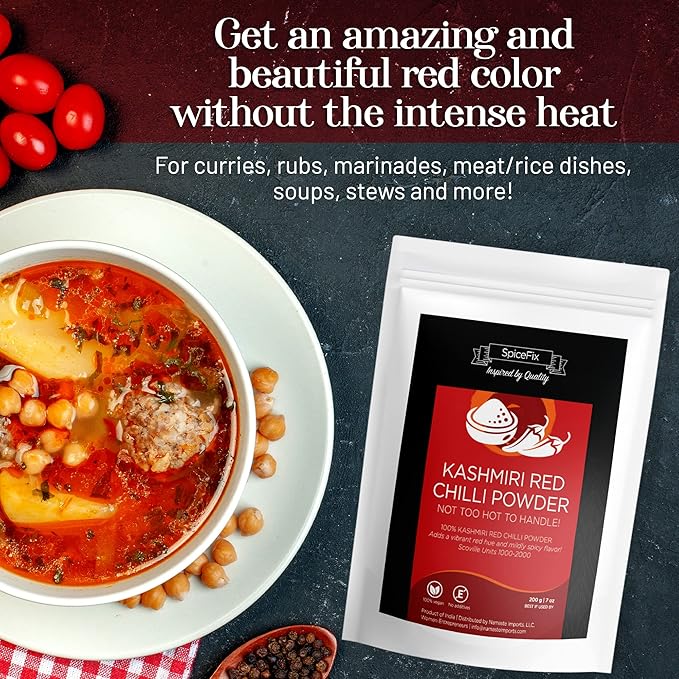SpiceFix - Kashmiri Red Chilli Powder, Mild to Medium Heat Sun-Dried Indian Red Chili Powder, Natural Ground Vegan Kashmiri Spice in a Resealable Bag, 7 Ounces