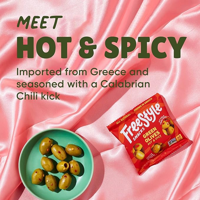 Freestyle Snacks Olive Snack Packs - Single Serve - Fresh Pitted Green Olives, Jumbo-Sized, Grown in Greece, All Natural, Non-GMO, Paleo, Sugar-Free, Keto, Salty Snack - Variety, 1.1oz (24 Pack)