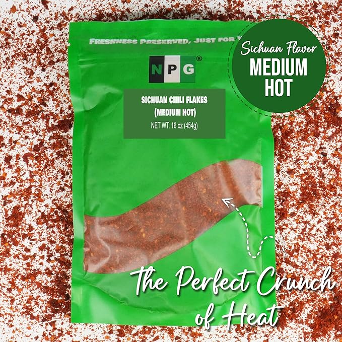 NPG Authentic Sichuan Chili Flakes 16 Ounces, Medium Hot, Szechuan Crushed Red Pepper Flakes Bulk, Essential Spice Seasoning for Making Kimchi, Chili Oil, Stir-fry, Pizza, Salads, and Tacos