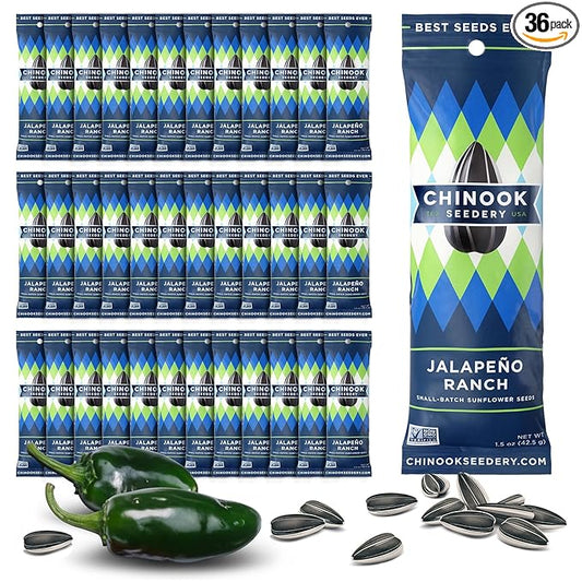 Chinook Seedery Roasted Sunflower Seeds to Eat - 1.5 oz (Pack of 36) Jalapeno Ranch - Jumbo Low Sodium Sunflower Seeds Keto Snacks - Adventure, Baseball, School Snacks - Gluten Free, Non GMO Snacks