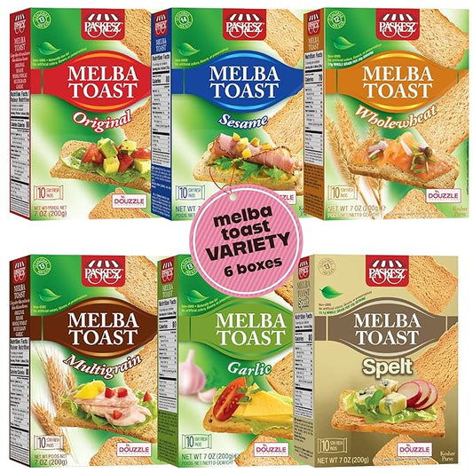 DOUzzle Melba Toast Flatbread Crackers Variety Pack - Original, Garlic, Sesame, Whole Wheat, Multigrain & Spelt Assortment (6 Pack) Individually Wrapped, Non-GMO, No Artificial Flavors - Kosher Parve