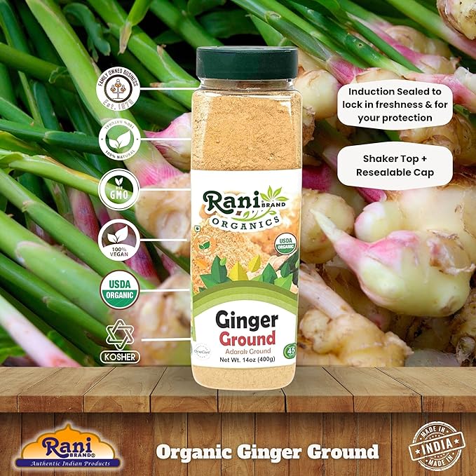 Rani Organic Ginger (Adarak) Powder Ground, Spice 14oz (400g) PET Jar ~ All Natural | Vegan | Gluten Friendly | NON-GMO | Indian Origin | USDA Certified Organic