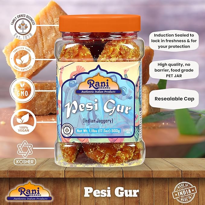 Rani Pesi Gur (Jaggery) Indian Unrefined Raw Cane Sugar 17.5oz (1.1lbs) 500g PET Jar ~ Gluten Friendly | Vegan | NON-GMO | Kosher | No Salt or fillers | Indian Product