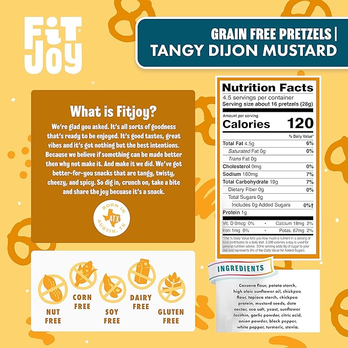FitJoy Tangy Dijon Mustard Pretzels (Pack of 6, 4.5 Oz) - Dairy, Nut & Gluten Free Snacks - Grain Free Cassava Root & Chickpea Flour Vegan Pretzel Twists - Tangy Snack Pretzels for Children & More