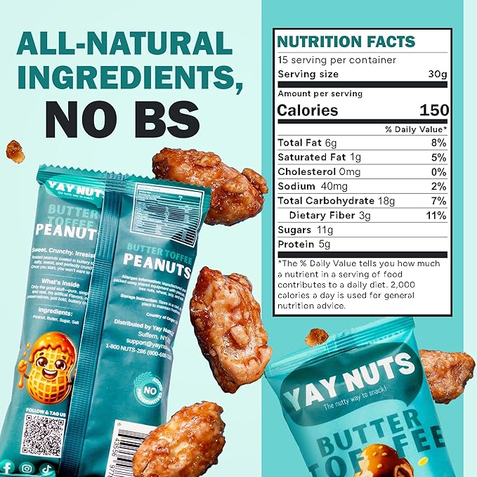 YAY NUTS Butter Toffee Peanuts ??Sweet & Salty Crunchy Roasted Peanuts Coated in Caramelized Butter Toffee - All-Natural, Made in USA ??Guilt-Free Treats for On-the-Go Snacking - 12-Pack of 2oz Bags