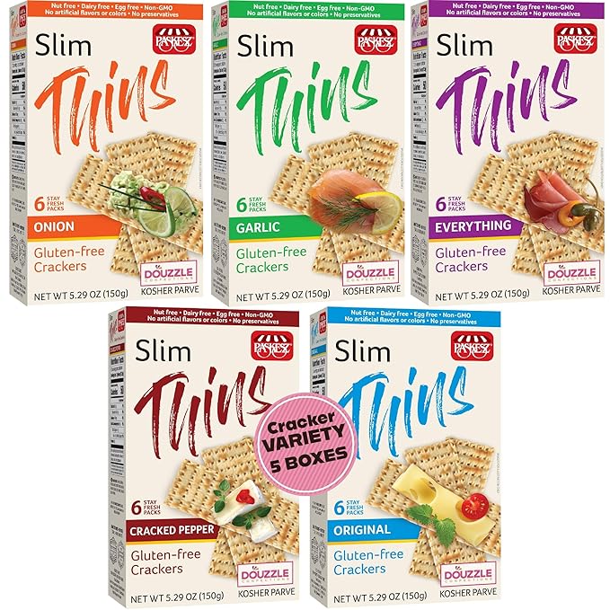 DOUzzle Gluten Free Crackers, Original, Everything, Onion, Garlic, Cracked Pepper - (Pack of 5) Non Gebrokts Kosher for Passover Snack Food - Non GMO, Vegan - Rice Cakes Corn Alternative