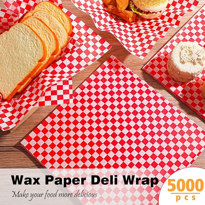 Sieral 5000 Sheets Sandwich Wrap Sheet 12 x 12 Inch Wax Paper Bulk Fast Food Basket Liners Disposable Parchment Paper Grease Resistant for Party Restaurant Wrapping(Red, White)
