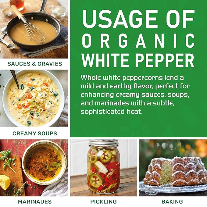 Organic White Peppercorns Whole 14Oz Bulk Bag - Non-GMO, Pure Whole Peppercorns for Grinder Refill by Jiva Organics