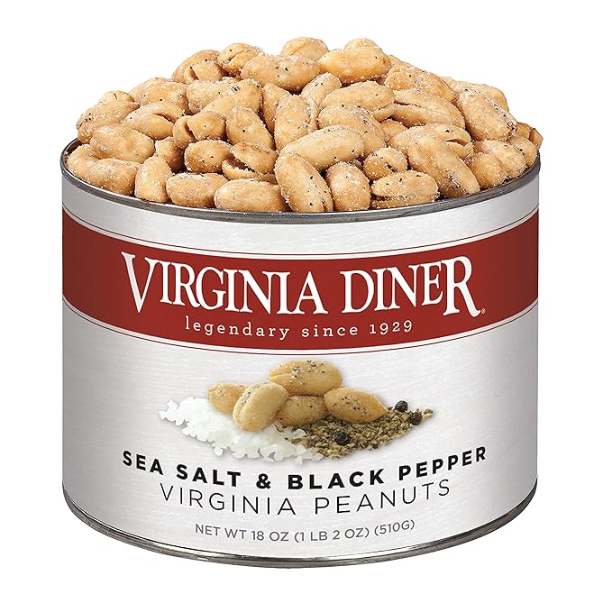 Virginia Diner Sea Salt & Pepper Blister Roasted All Natural Seasoned Virginia Peanuts, Gourmet Nuts in Vacuum Sealed Tin 18 oz (Pack of 1)