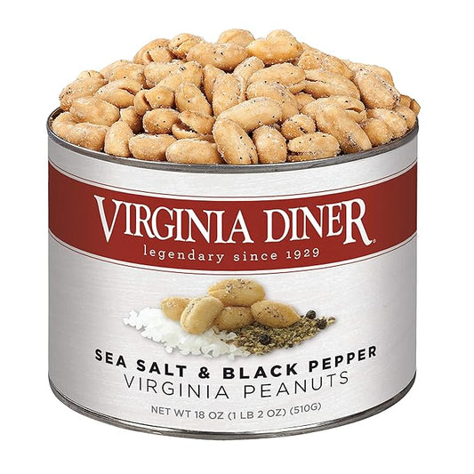 Virginia Diner Sea Salt & Pepper Blister Roasted All Natural Seasoned Virginia Peanuts, Gourmet Nuts in Vacuum Sealed Tin 18 oz (Pack of 1)