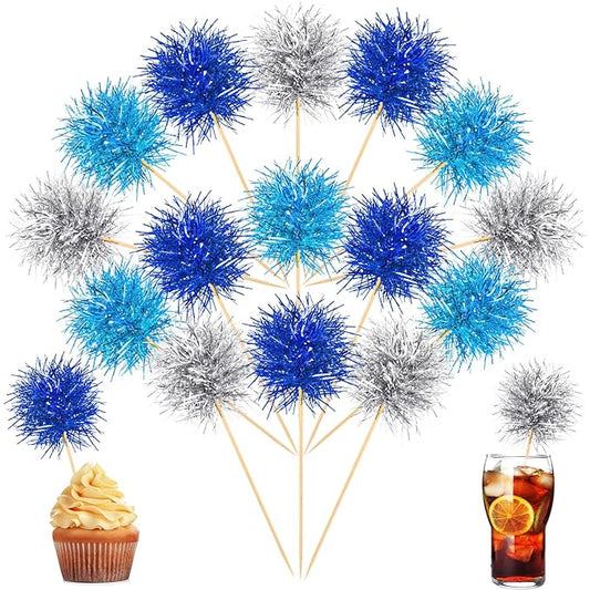 Chinco 100 Pcs Foil Firework Cupcake Toppers Sparkle Tinsel Cake Toppers Cake Decoration Cocktail Fruit Toothpick for Birthday Wedding Graduation Party(Dark Blue, Light Blue, Silver)