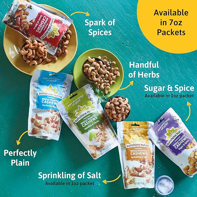 Sunshine Nut Company Whole Roasted Lightly Salted Cashews, Sugar and Spice Flavor, 12-Pack, 1.05 oz. Each, Gluten Free, Peanut Free and Vegan Individual Snack Packs for Kids and Adults, GMO Free