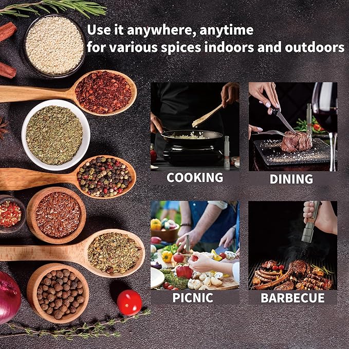 Modern Thumb Click Salt and Pepper Grinder with Refillable Peppermill - Perfect for Himalayan Salts, Black Pepper, Sea Salt, Peppercorns, Spices Push Button for 1 hand operation (set)