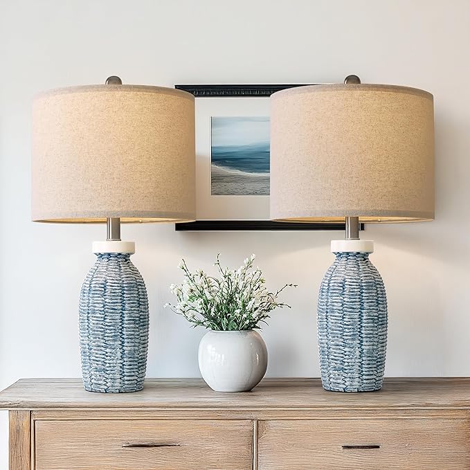 22.75" Table Lamps for Bedroom Living Room Boho Lamp Set of 2 Farmhouse Lamp Bedside Nightstand Small Rustic Vintage Retro Modern Table Lamp Light Home Office Desk Deco Gifts, Blue