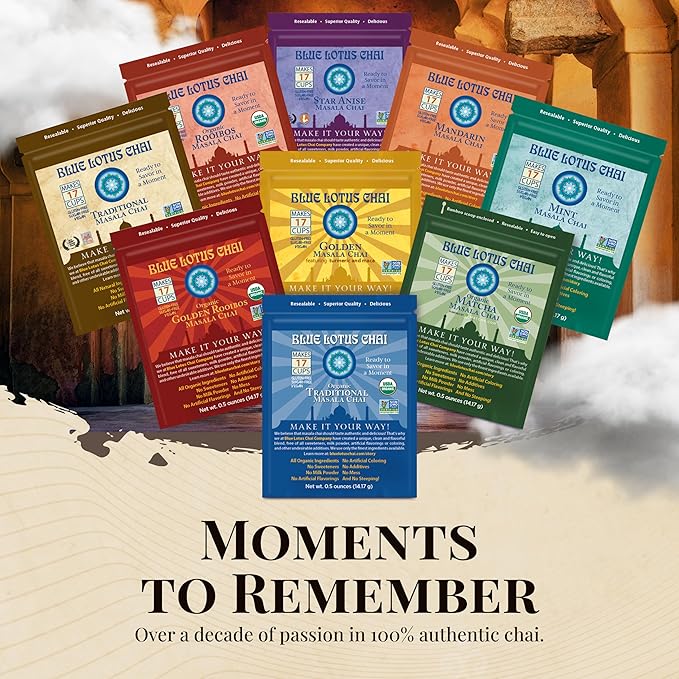Blue Lotus Chai - Star Anise Masala Chai - Makes 17 Cups - 0.5 oz Pouch Masala Spiced Chai Powder with Organic Spices - Instant Indian Tea No Steeping - No Gluten