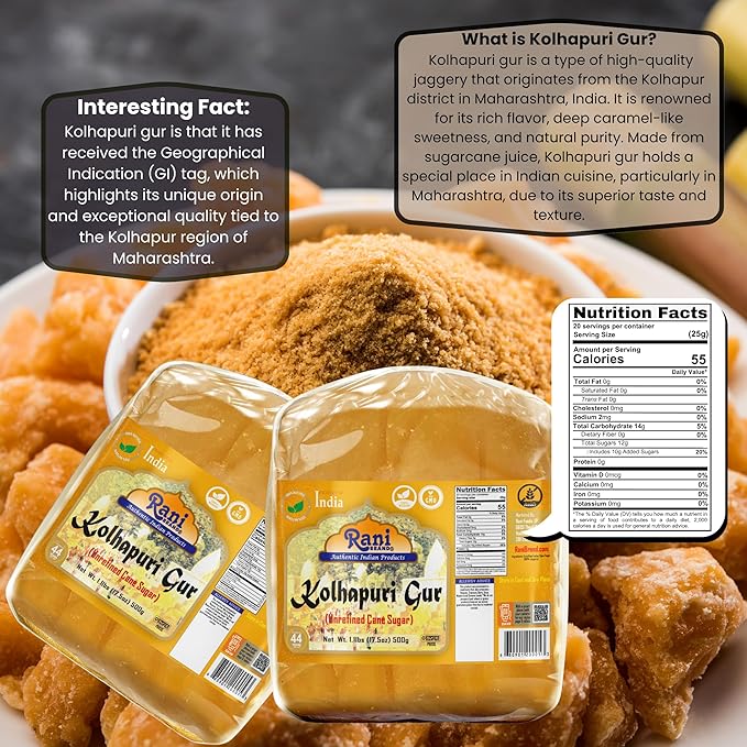 Rani Kolhapuri Gur (Jaggery) 17.5oz (1.1lbs) 500g ~ Unrefined Cane Sugar, No Color added, Gluten Friendly | Vegan | NON-GMO | Kosher | No Salt or fillers