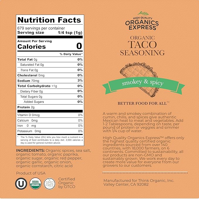 Organic Taco Seasoning – Bold & Authentic Flavor| All-Natural, Gluten-Free & Non-GMO | Perfect for Tacos, Fajitas, Burritos, and Tex-Mex Dishes (24 oz. Large Bulk Pack)