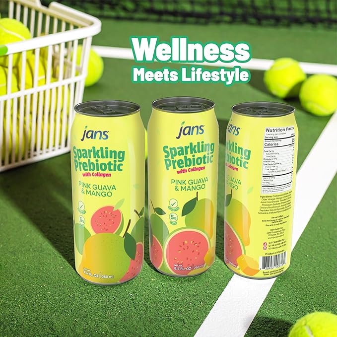 Jans Sparkling Prebiotic with Collagen Soda Beverage ??Pink Guava & Mango 8.4 Fl Oz (6-Pack) ??Low Calorie, NO Added Sugar, Non-GMO Sparkling Fruit Beverage, Gut Health Support