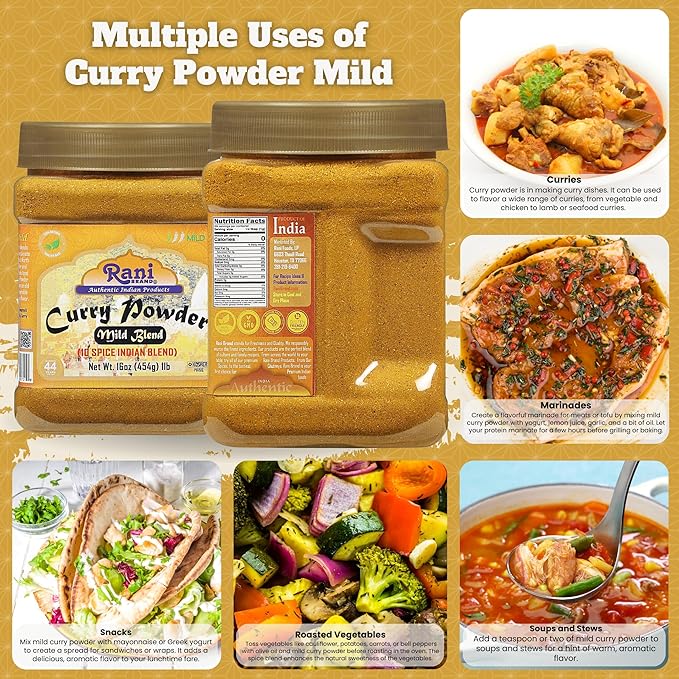 Rani Curry Powder Mild (10-Spice Authentic Indian Blend) 1lb (454g) PET Jar ~ All Natural | Salt-Free | NO Chili or Peppers | Vegan | No Colors | Gluten Friendly | NON-GMO | Kosher | Indian Origin