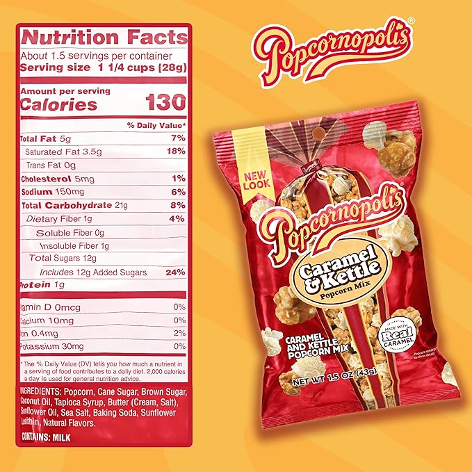 Popcornopolis Caramel & Kettle Mix 6 ct, 1.5 oz Case, Caramel & Kettle Mix Flavored Indulgent Popcorn (Pack of 2)