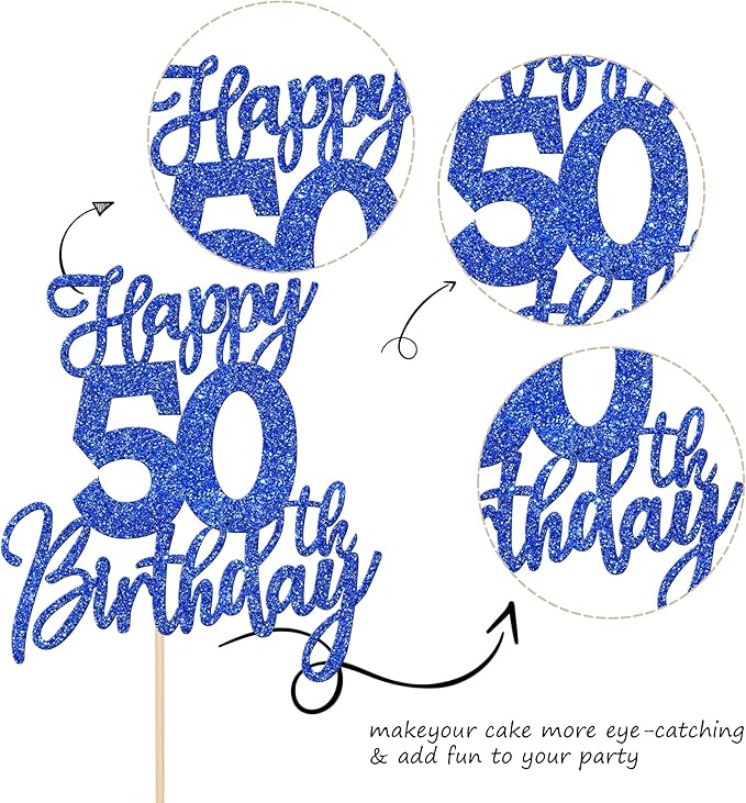 1 PCS Happy 50th Birthday Cake Topper Glitter Cheers to 50 Years Birthday Cake Pick Fifty Hello 50 Fabulous Cake Decoration for Happy 50th Birthday Anniversary Party Decorations Supplies Blue