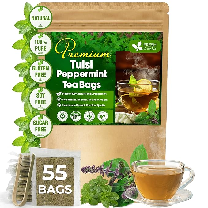 FreshDrinkUS, Premium Tulsi Peppermint Herbal Tea ??55 Tea Bags, 100% Natural, Blend of Tulsi Holy Basil Leaves, and Peppermint Leaves. Made with Natural Material Tea Bags. No Sugar, Vegan.