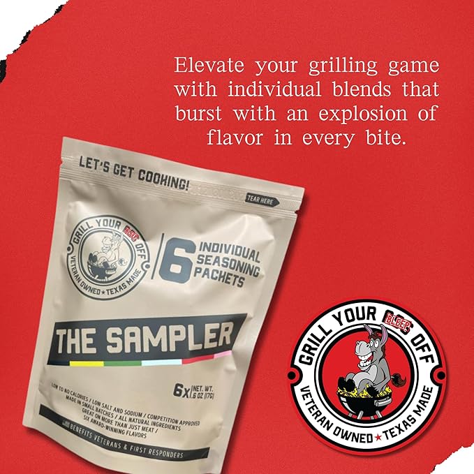 Grill Your As* Off Sample Pack Spices and Seasonings - (6 Pack) BBQ & Grill Seasoning for Beef, Steak, Burgers, Pork & Chicken - MSG & Gluten Free BBQ Rub & Steak Seasoning - USA Made & Veteran Owned