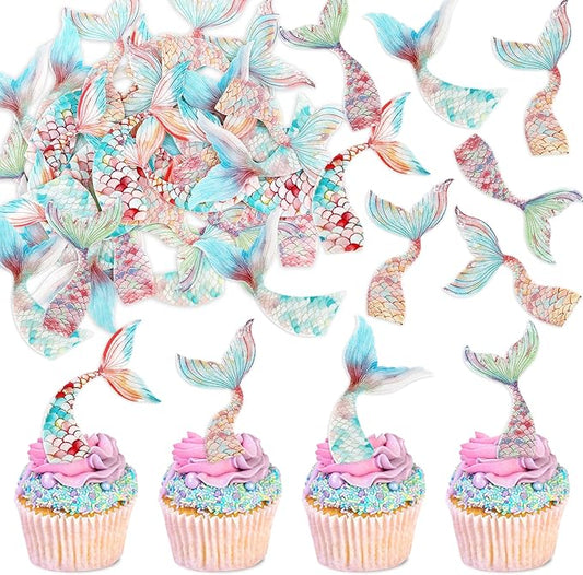 40Pcs Edible Mermaid Tails Cupcake Toppers Wafer Paper Mermaid Tail for Mermaid Party Cake Drink Decoration Baby Shower Party Supplies