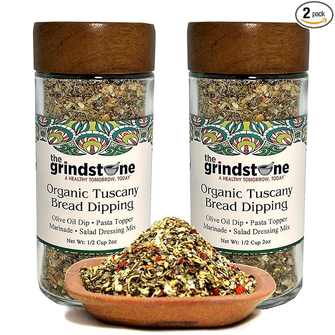 The Grindstone, Organic Tuscany bread dipping mix, perfect seasoning spice with extra virgin olive oil, bread, pasta topper, 2 oz. glass bottle with sifter, Pack of 2