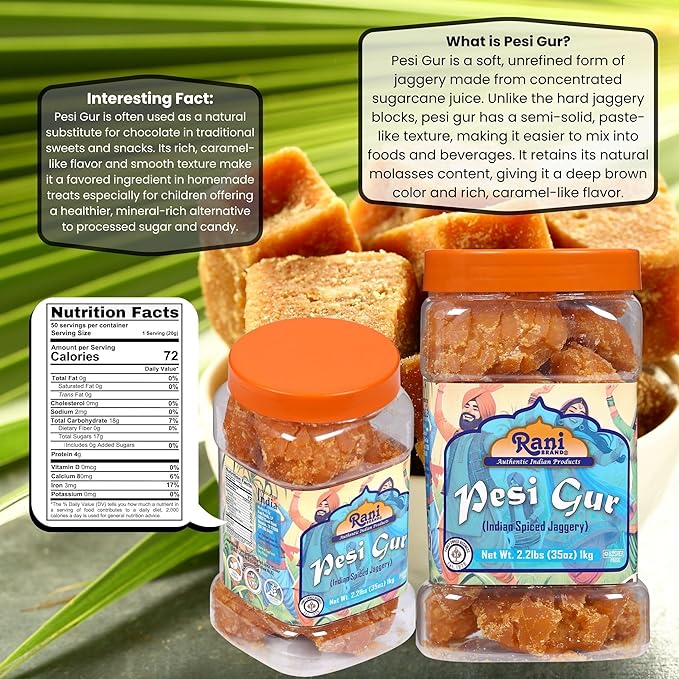 Rani Pesi Gur (Jaggery) Indian Unrefined Raw Cane Sugar 35oz (2.2lbs) 1kg PET Jar ~ Gluten Friendly | Vegan | NON-GMO | Kosher | No Salt or fillers | Indian Product